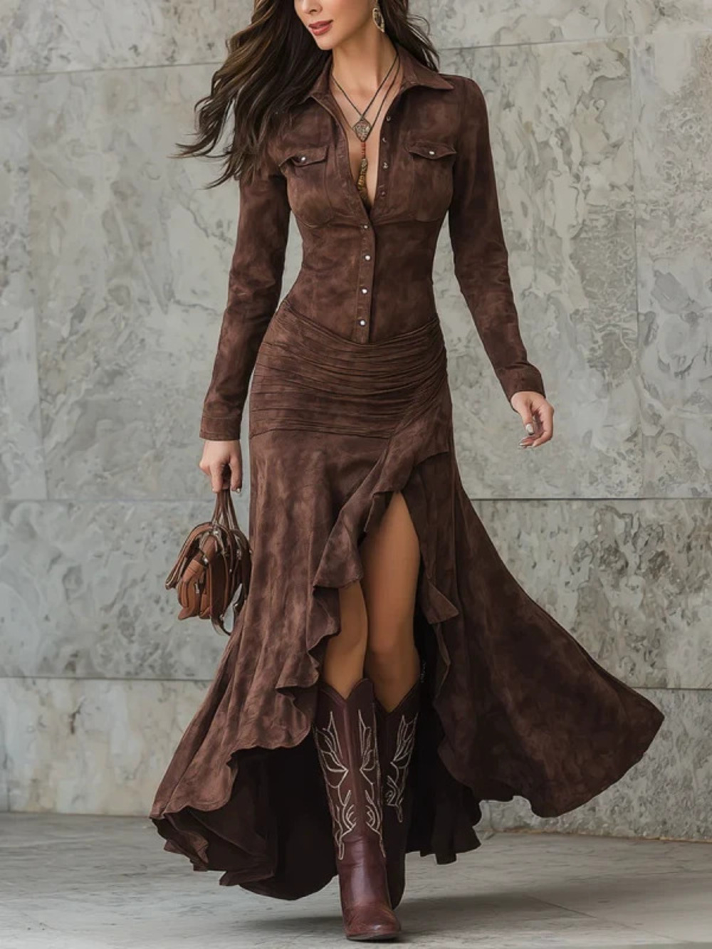 Womens Autumn Winter Slim Fit Zipper Stand Collar Slit Long Dress